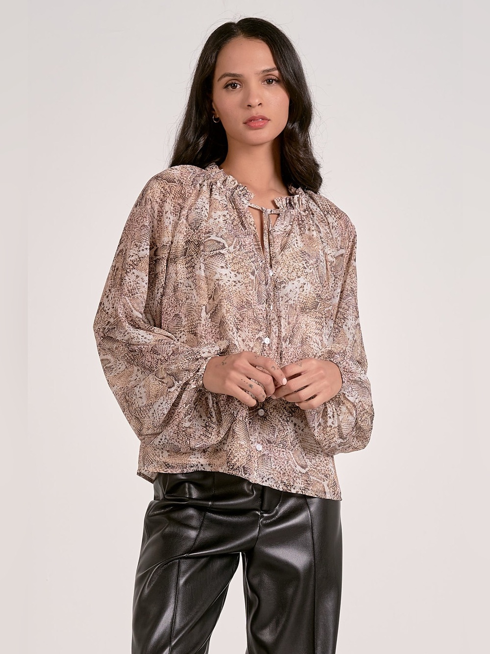 Natural Snakeskin Print Ruffle Tie Neck Blouse NWT